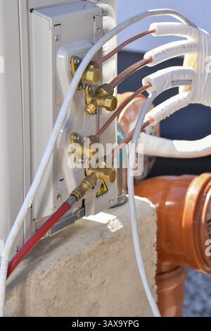 Connection of insulated copper cables on a construction site - close-up Stock Photo