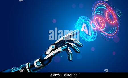 Robot arm with artificial intelligence presses a button with an AI logo. The cyborg hand touches the holographic interface with his index finger. AI b Stock Vector