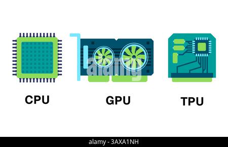 CPU GPU TPU tensor processing unit central and graphical artificial intelligence accelerator learning machine neural network hardware illustration Stock Vector