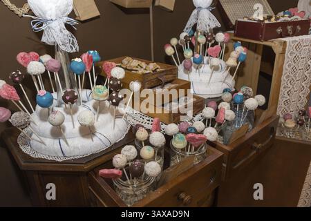 Numerous colourful cakes on a stick - Cake-pops, Austria, Europe Stock Photo
