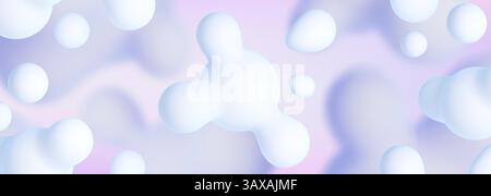 Abstract liquid blobs on light blue background. Vector realistic illustration of 3D fluid bubbles, molecular balls floating in chemical substance, white metaballs, scientific presentation template Stock Vector