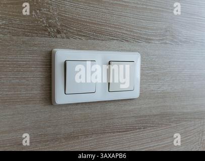 Double electric light switch on a wooden panel close-up. Stock Photo
