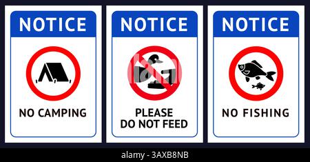 Prohibited label No camping, No fishing, Do not feed birds, forbidding sticker set Stock Vector