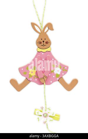Wooden Easter bunny hanging on white background wooden easter bunny hanging on white background Stock Photo