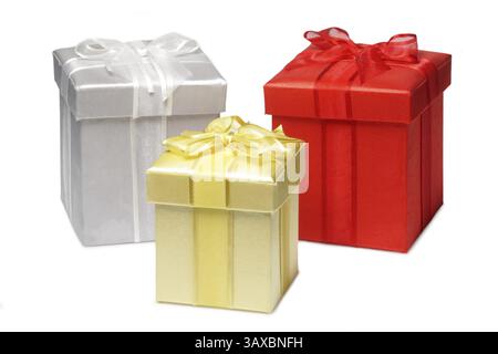 Different coloured gift boxes - cropped on a white background Stock Photo