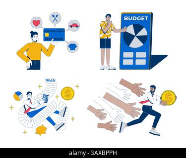 Personal finance challenges and budget 2D illustration concepts set Stock Vector