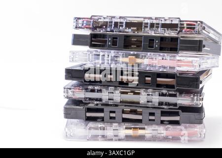 Picture of a retro, dusty, used, old cassettes tape from 70s 80s 90s. It reminds of the music history Stock Photo