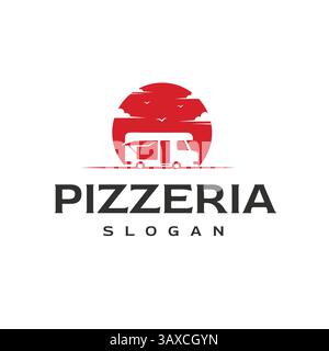 RV Caravan Car Silhouette Logo Design with Sunset for Pizzeria Car Logo Design Stock Vector