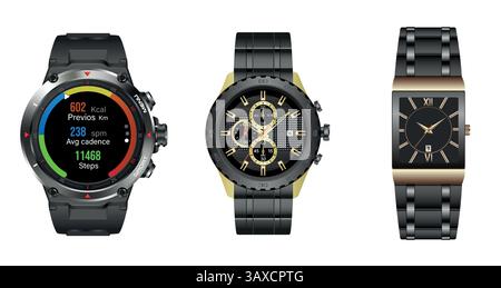 Collection of different wrist watches isolated on white background. Stock Vector