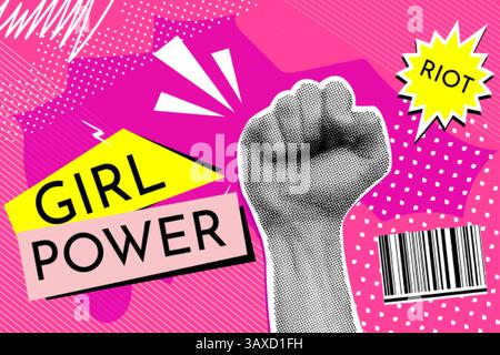 Feminism hand collage. Women riot female power vintage pop art grunge banner or magazine cover woman fist rebel protest revolution retro poster trendy style vector illustration original artwork Stock Vector