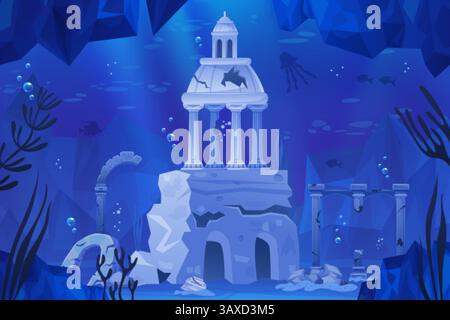 Atlantis ruin landscape. Sunken ancient city ruins, lost civilization underwater town buildings video game background scuba diving under sea architecture swanky vector illustration original artwork Stock Vector