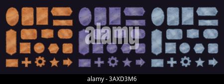 Stone menu panels. Cartoon rock tablets ui board game design, stones texture banner interface background rocks block button sign old border frames set swanky vector illustration original artwork Stock Vector