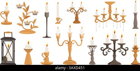 Different shapes candlesticks set, vintage candle holders and candelabrum collection, vector Illustration on white background original artwork Stock Vector