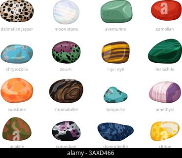 Colorful mineral stones collection, isolated semi precious gemstones set, vector illustration original artwork Stock Vector