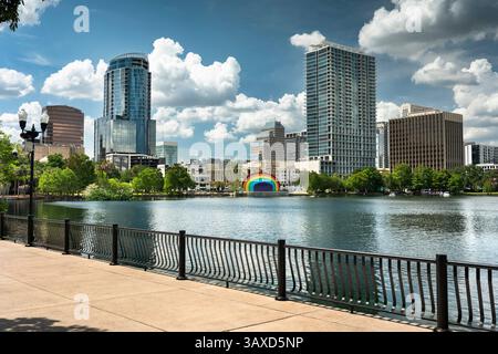 Orlando Florida paths along the water of Lake Eola park in downtown