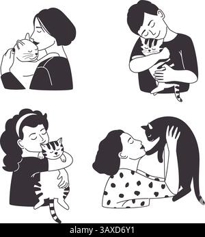 Woman love cats vector on white background. Kids hug kittens. People and pets friendship, happy lifestyle colorful illustration original artwork Stock Vector