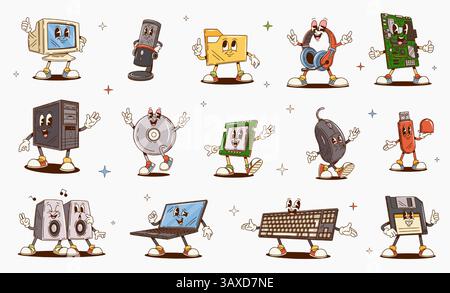 Groovy computer device characters. Cartoon retro hippie personages of desktop pc and laptop electronic equipment. Vector groovy keyboard, monitor, usb Stock Vector