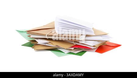 Stack of different paper envelopes on white background. Post office Stock Photo