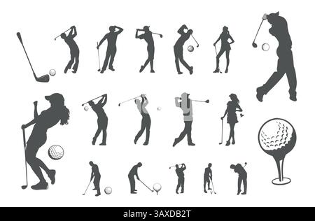 Set of golfer silhouettes, flat design Stock Vector