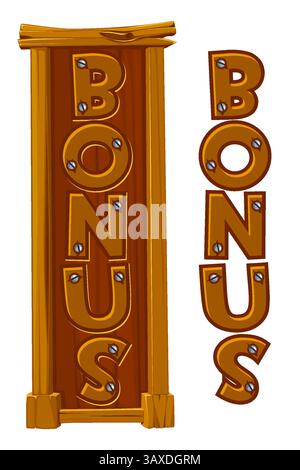 Wooden BONUS- slot symbol design. Game symbol for design 2D games in cartoon style Stock Vector