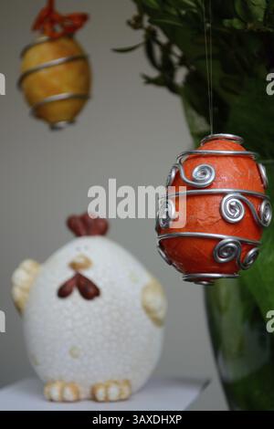 Lovingly designed Easter eggs and Easter hen as decoration Stock Photo