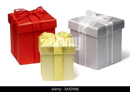 Different coloured gift boxes - cropped on a white background Stock Photo