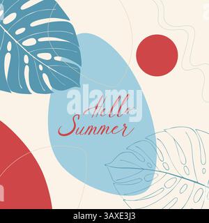 Bright poster Hello Summer, rest, vacation, summer vibe. Smooth boho shapes and palm leaves. Vector illustration Stock Vector