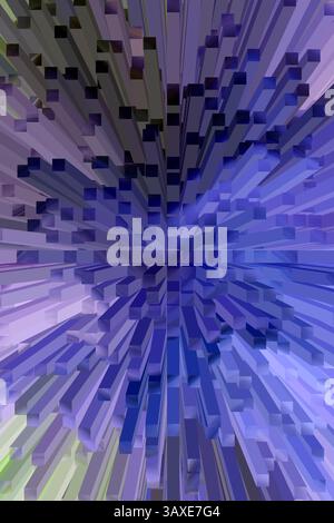 Dynamic 3D blocks in explosive abstract design. Cool-toned abstract 3D design with blue and violet rectangles in motion. Stock Photo