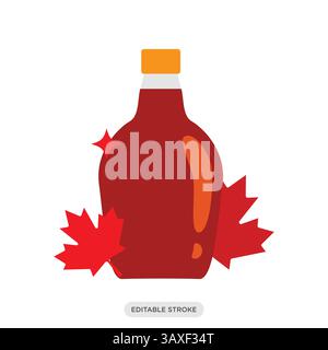 Maple syrup icon. Canadian maple syrup bottle with red maple leaves symbol. Canada travel, landmark, culture vector illustration in color fill style. Stock Vector