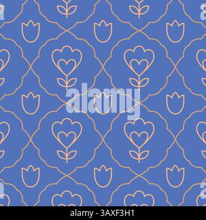 Mosaic style floral pattern with gold line oriental tulips. Trendy vector floral background for fabric, wallpaper. Stock Vector