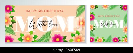 Set of creative beautiful card - MOM With love with spring flowers. Happy Mothers Day creative typography banners set with daisy flowers. Vector Stock Vector