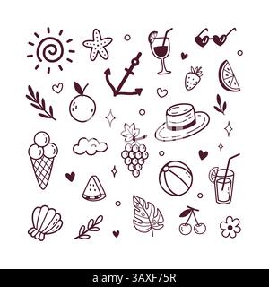 summer doodle set with fruits, drinks, beach elements in drawn style. Includes fruits, cocktails, beach icons, and tropical elements. Stock Vector