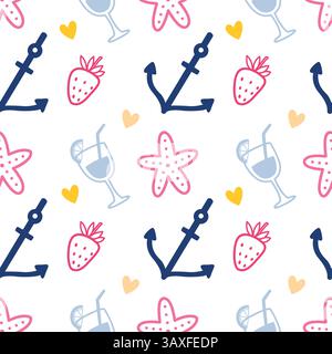 Seamless Summer Pattern with Anchors, Starfish, Cocktails and Strawberries in Doodle Style Stock Vector