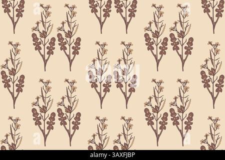Botanical floral seamless pattern with wildflowers bouquet vector illustration. Repeating pastel brown plants with stems, leaves, flowers in beige bac Stock Vector