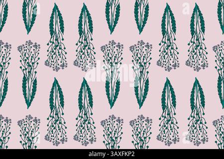 Botanical floral seamless pattern with wildflowers bouquet vector illustration. Repeating green plants with stems, leaves, flowers in pastel purple ba Stock Vector