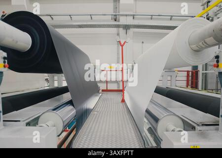 Conveyor belt. Conveyor belt manufacturing and quality control. Stock Photo