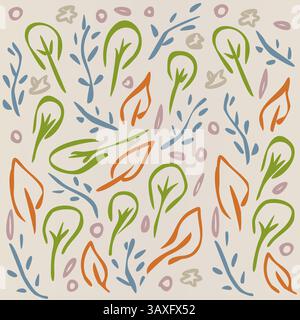 Foliage Leaves Pattern - Multiple Colors on Beige Sand Background - Handdrawn Illustration Vector Stock Vector