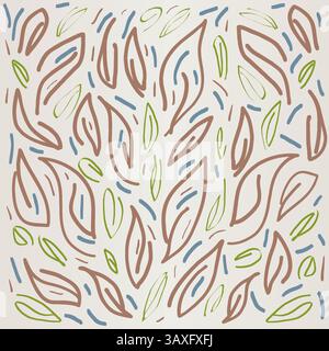 Foliage Leaves Pattern - Multiple Colors on Beige Sand Background - Handdrawn Illustration Vector Stock Vector