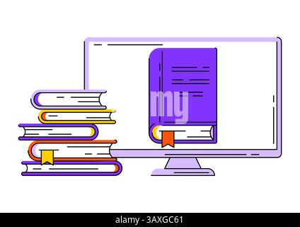 Monitor with books. Digital library concept. Stock Vector