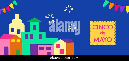 Colorful cinco de mayo celebration with festive banners and fireworks at night. Stock Vector