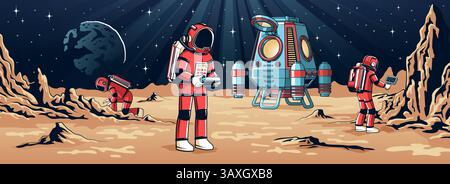 Group of astronauts exploring rocky alien terrain Stock Vector