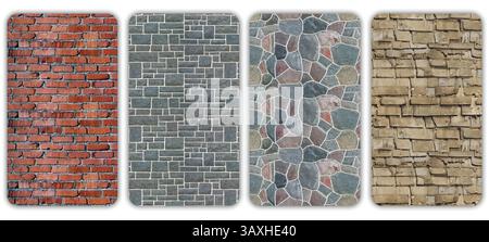 Different Types of Wall Textures: Brick, Stone, Mosaic, Wood. Stock Vector