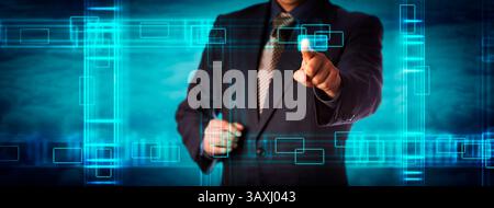 Unrecognizable businessman accessing cluster of virtual data packets in cyberspace. Information technology concept for blockchain, financial technolog Stock Photo