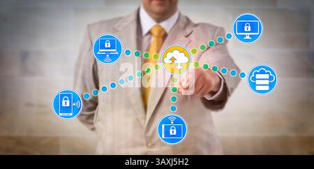 Unrecognizable business manager transferring data between remote devices interlinked within a computer network. Cybersecurity concept for virtualizati Stock Photo