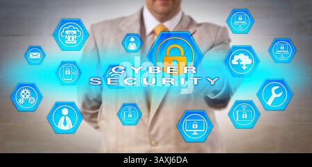 Unrecognizable male corporate manager pointing at CYBER SECURITY onscreen. Information technology and computing concept for secure enterprise infrastr Stock Photo