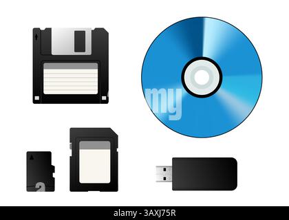 Different storage devices, evolution of technology, floppy disk, compact disc, memory card, micro SD card, and flash drive Stock Vector