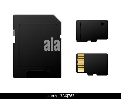 Three different memory cards on a white background, showcasing front sides, detailed view of data storage devices Stock Vector