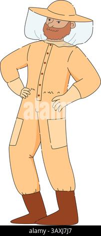 Man beekeeper in protective gear standing proudly, cartoon flat vector illustration on white background Stock Vector