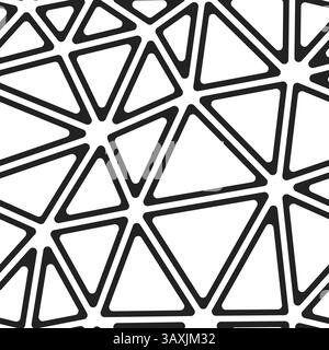 Triangulation geometric shapes background. Big triangles size. Black and white style. Rounded triangular cells outlined. Repeatable pattern. Stock Vector