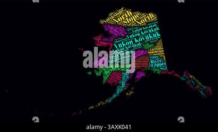 Alaska Regions Word Clouds. Bright typographic style design on dark background. Alaska region names tag clouds. Boundary shape. Stock Vector
